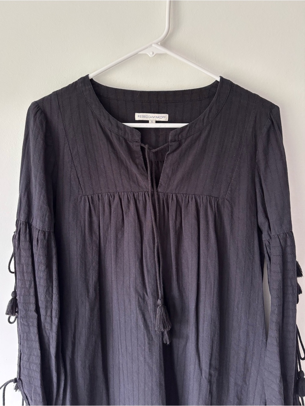 Rebecca Minkoff Black Cotton Peasant Mini Dress Long Sleeve Tie Arms Cottagecore - Picture 2 of 8